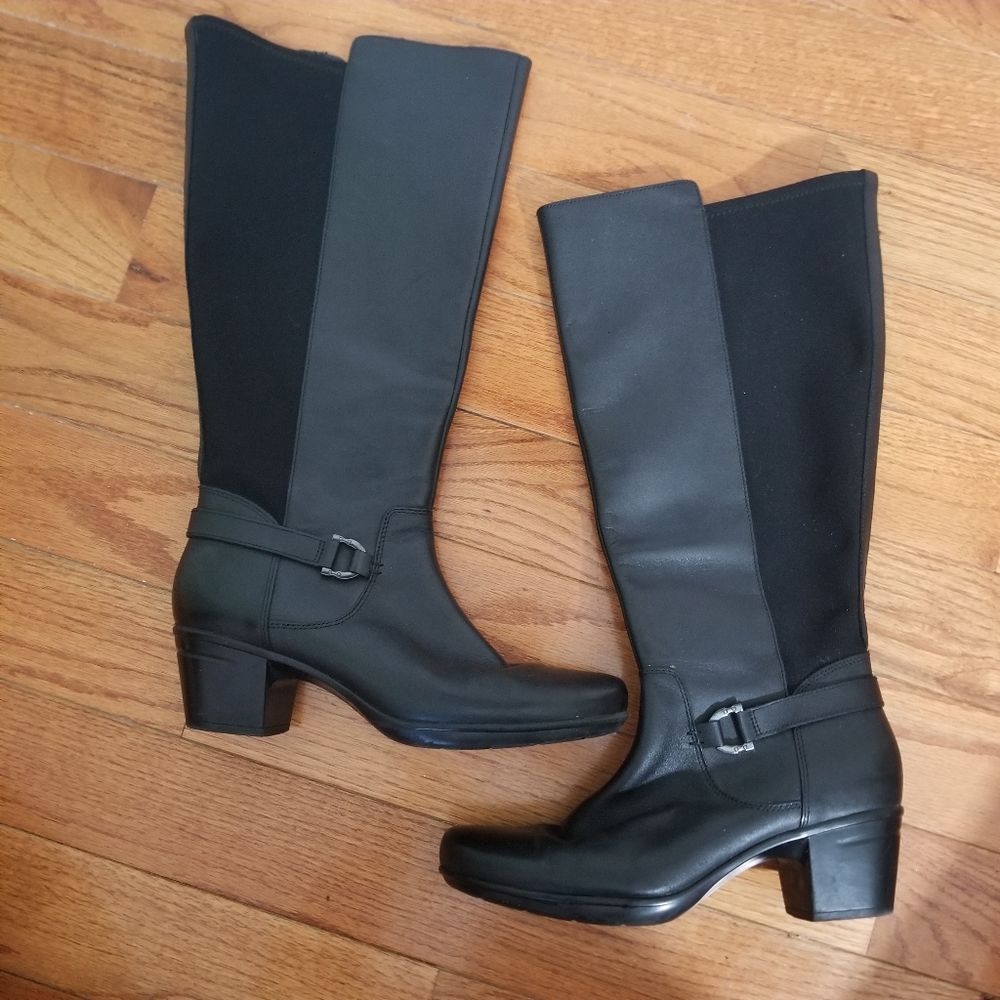 Clarks Womens Emslie March Black Leather Wide Calf Knee High Heeled Boot Size 10